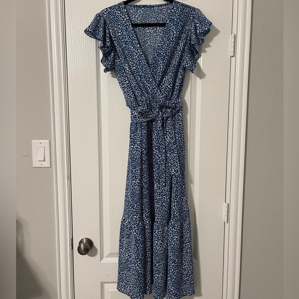 Blue and White Allover Print Surplice Front Belted Dress